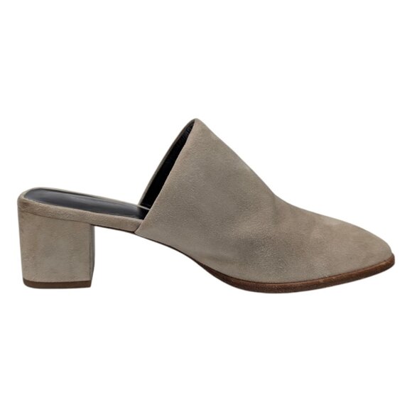 Via Spiga Ureila Mule Shoes Womens Taupe Grey Suede Leather 2" Heel Slip On Sz 7 - Picture 1 of 13